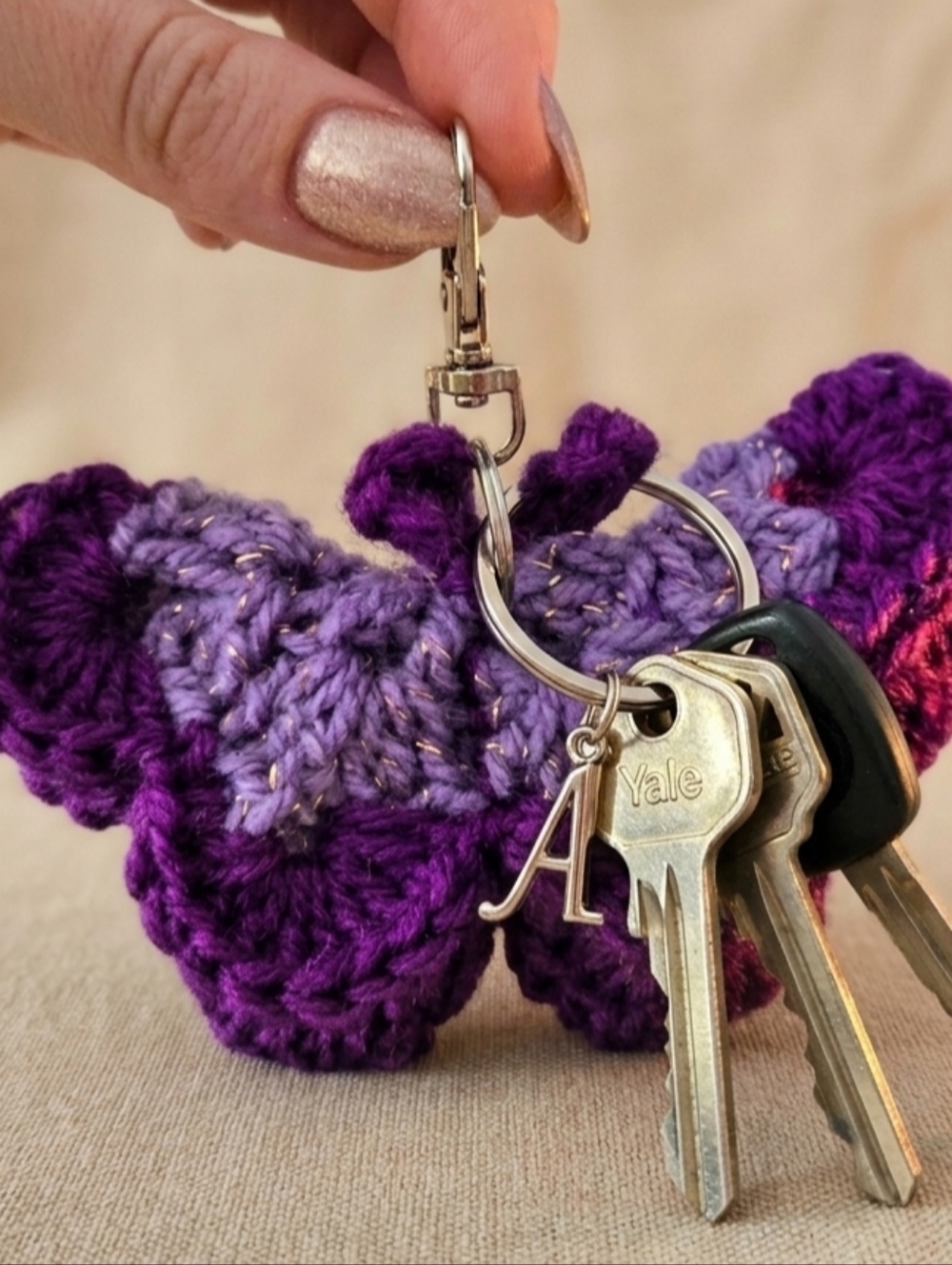 Purple Crochet Butterfly Key & Card Holder Keychain